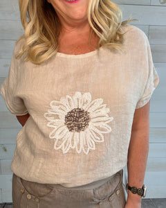 Happy Daisy Linen Top- One Size Fits All