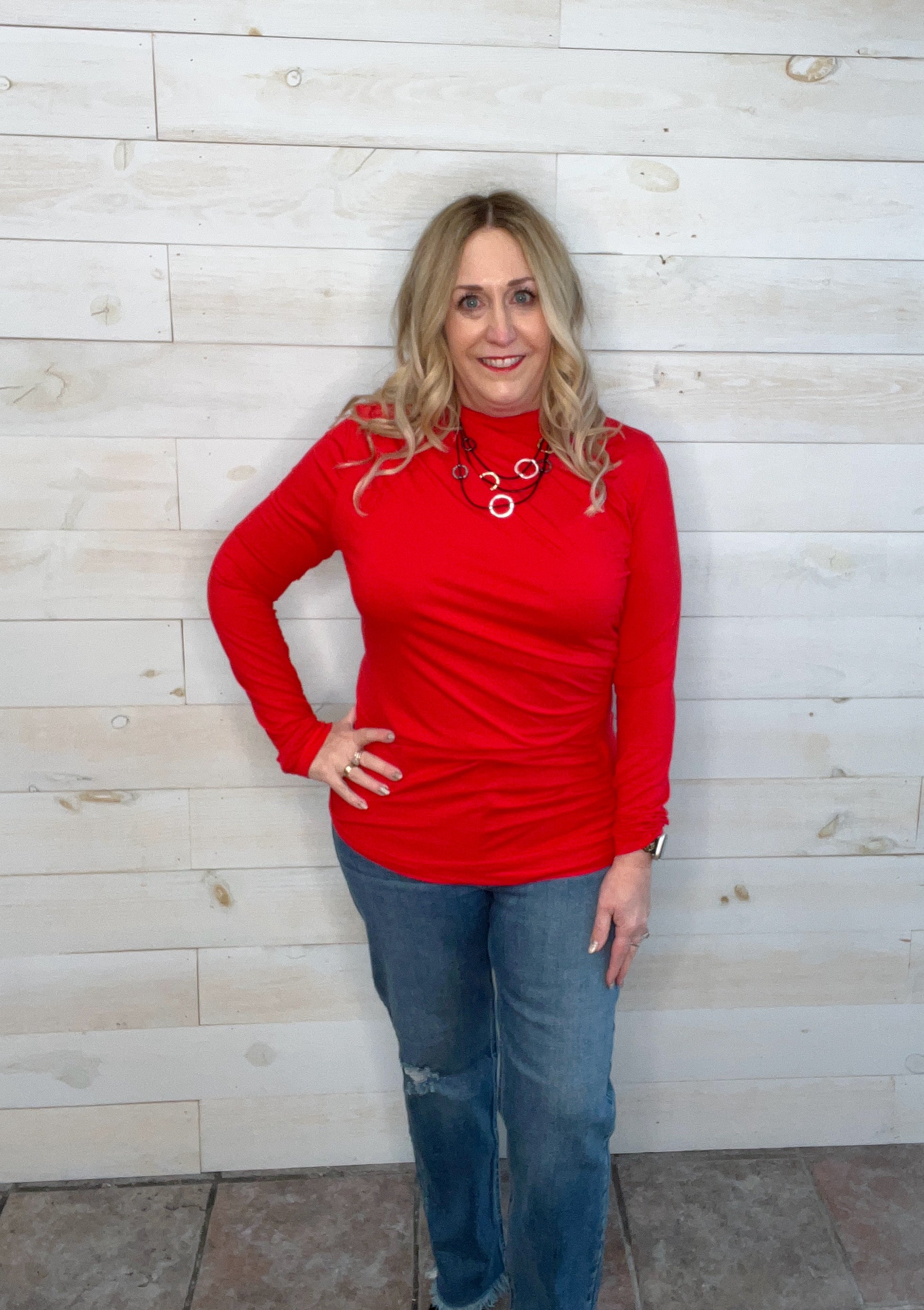 Alessa Ruched Long Sleeve Top in Red